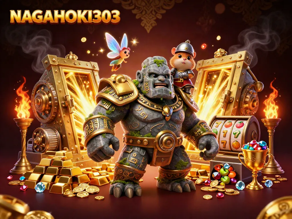 NAGAHOKI303 menguasai kemewahan kasino dengan golem, peri, dan ksatria hamster di latar belakang emas
