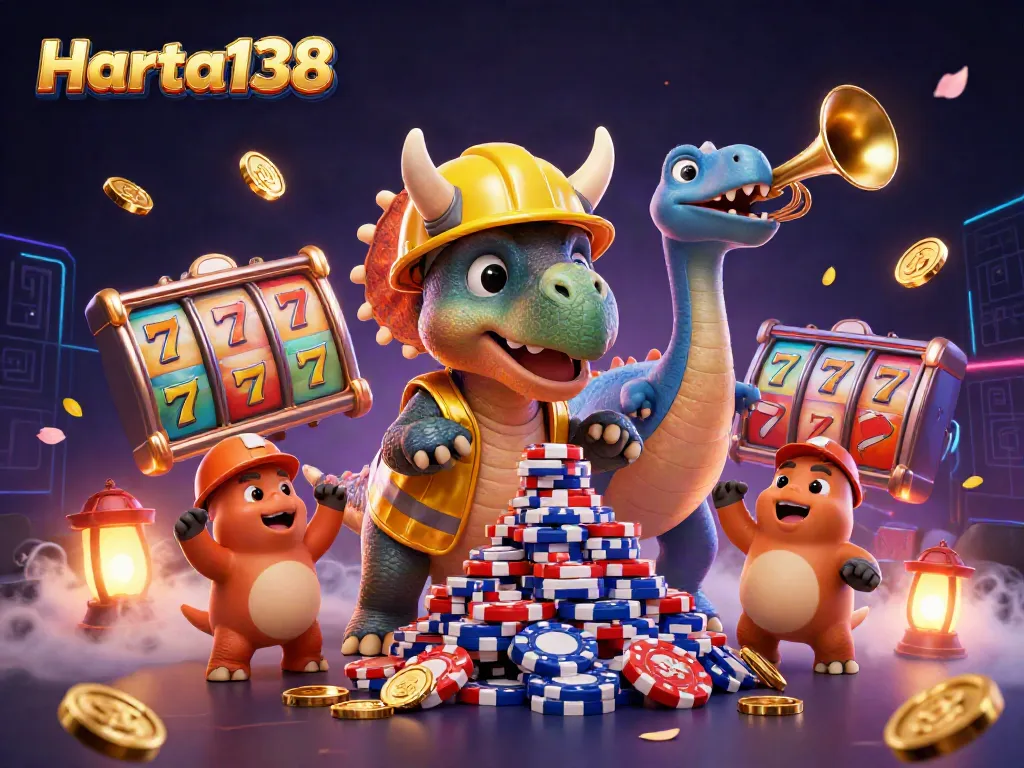 Harta138 menawarkan pengalaman bermain slot seru dengan slot reel berwarna dan poker chip berkilauan.