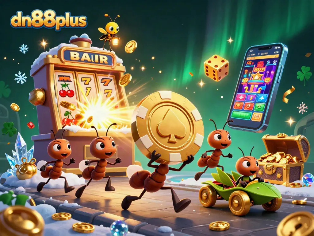 Engage with thrilling action at dn88plus as ants escape with a colossal poker chip amidst vibrant casino chaos.
