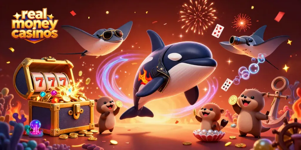 Join the fun at real money casinos, featuring dynamic characters, gold coins, and exciting slot elements.