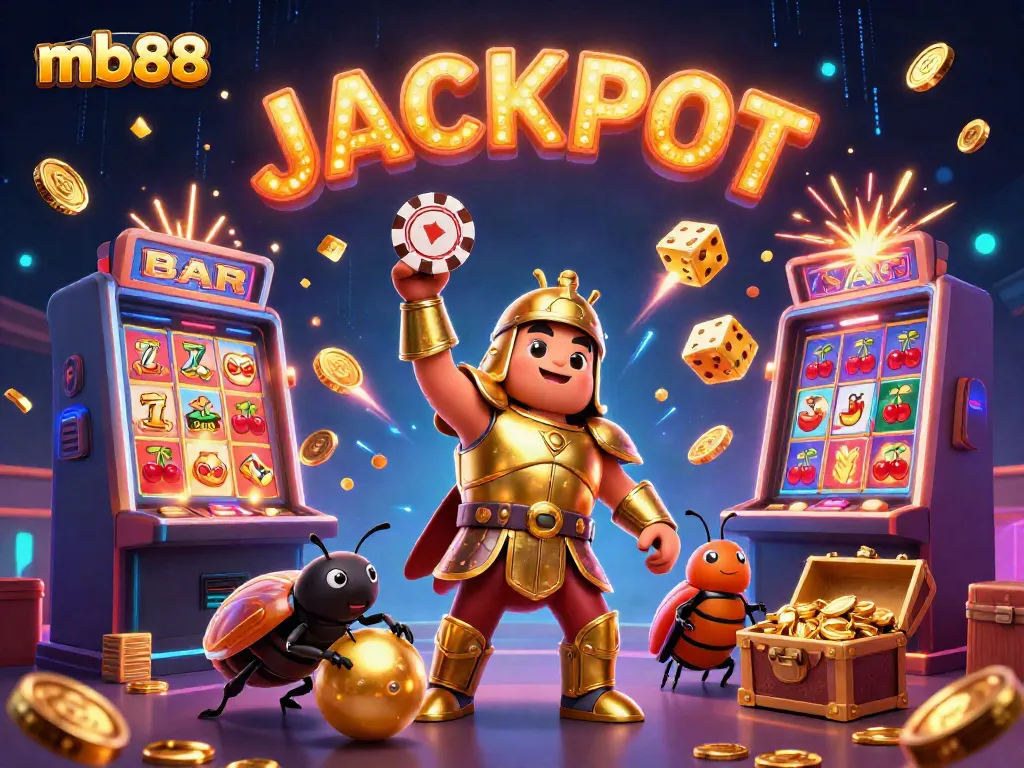 mb88 hero image showcasing a victorious beetle in casino triumph with jackpot elements.
