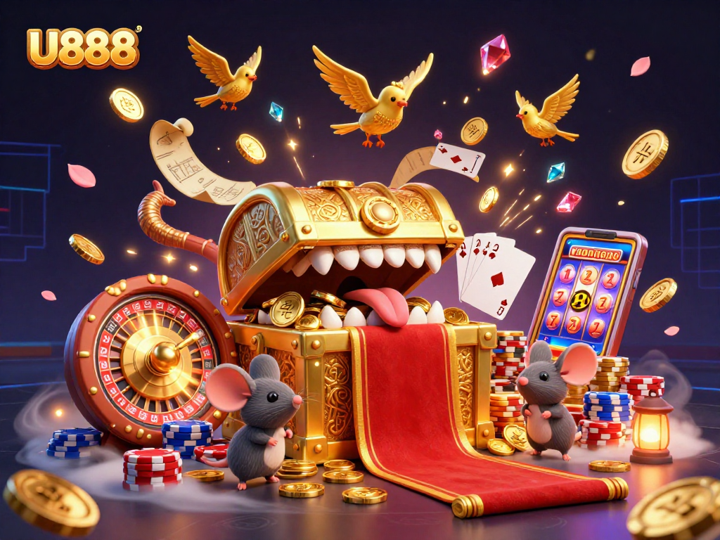 U888 brings thrilling adventures with golden treasures, cascading coins, and vibrant casino elements.