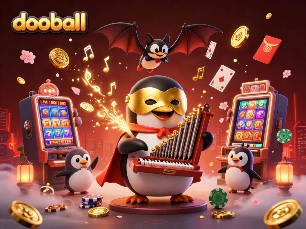 Dooball penguin gamblers engaging with slot machines and poker chips in an exciting casino illustration
