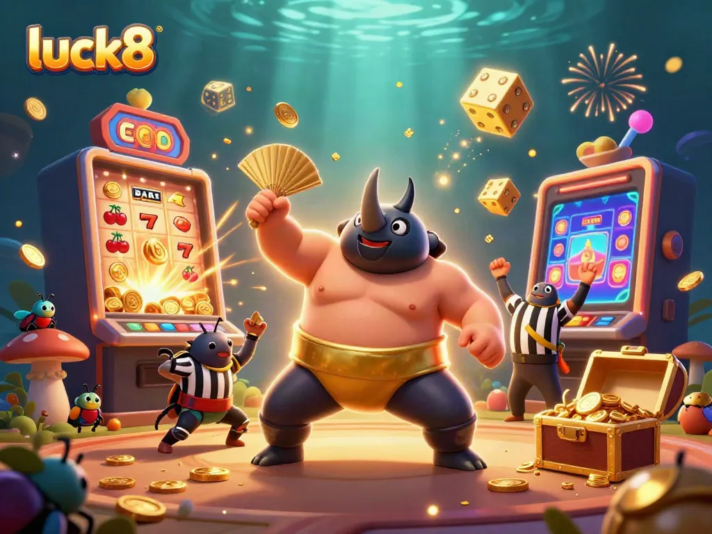 Discover luck8's vibrant jackpot scene featuring a beetle champion amidst coins and casino elements.