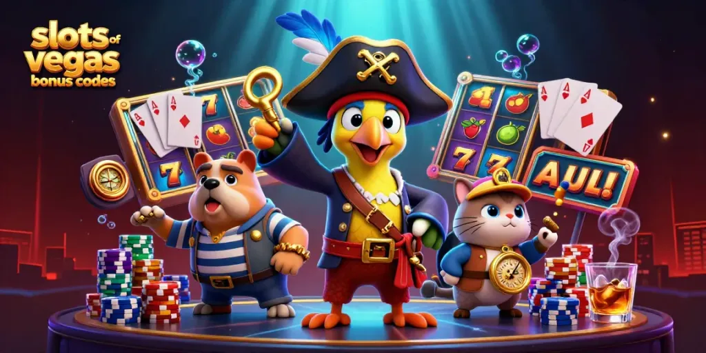 Experience exciting slots of vegas bonus codes in this vibrant casino-themed scene.