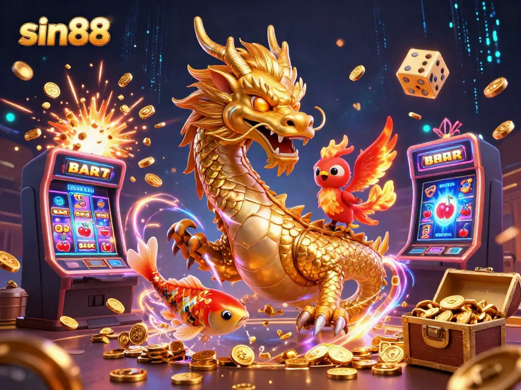 Experience thrilling action with sin88 in an ultra-detailed casino illustration featuring a dragon, phoenix, and koi fish.
