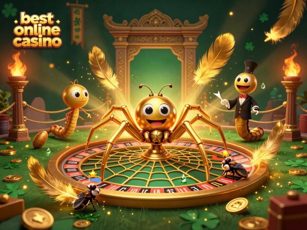 Engaging scene showcasing the best online casino with a golden spider and centipede croupier in a roulette web