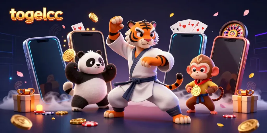 Experience the thrill of togelcc with a vibrant 3D scene of gaming characters, coins, and festive visuals.