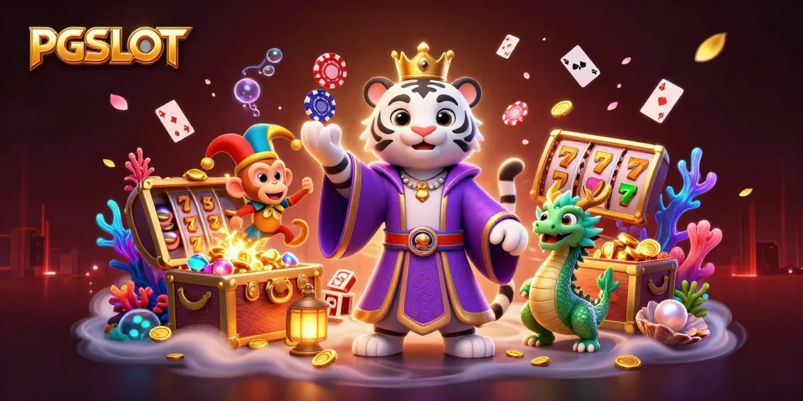 Engage with PGSLOT and experience vibrant slot reels amidst a magical scene of casino characters.