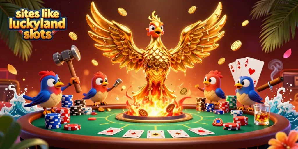 Experience thrilling play with sites like LuckyLand Slots featuring vibrant casino elements and golden visuals.