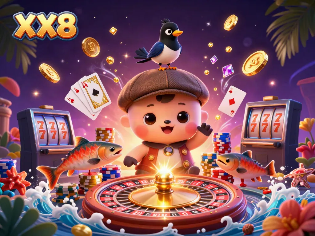 Engage with the vibrant XX8 casino adventure featuring cartoon characters, lively games, and dazzling elements.