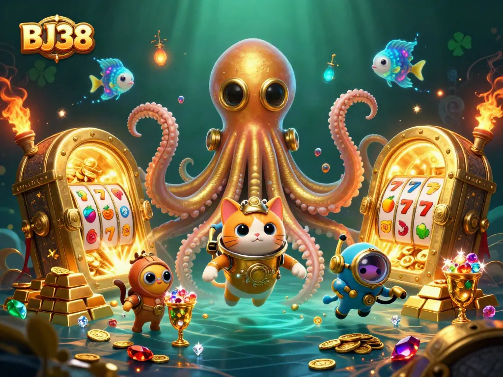 Engage with BJ38's vibrant slot gaming universe featuring a kraken and treasure elements.