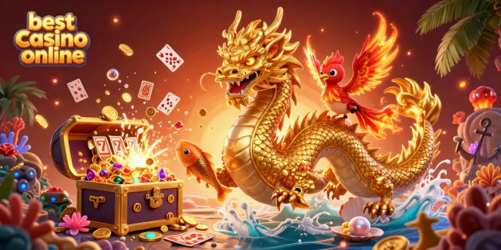 Experience the best casino online with a vibrant scene featuring a golden dragon and lively game elements.