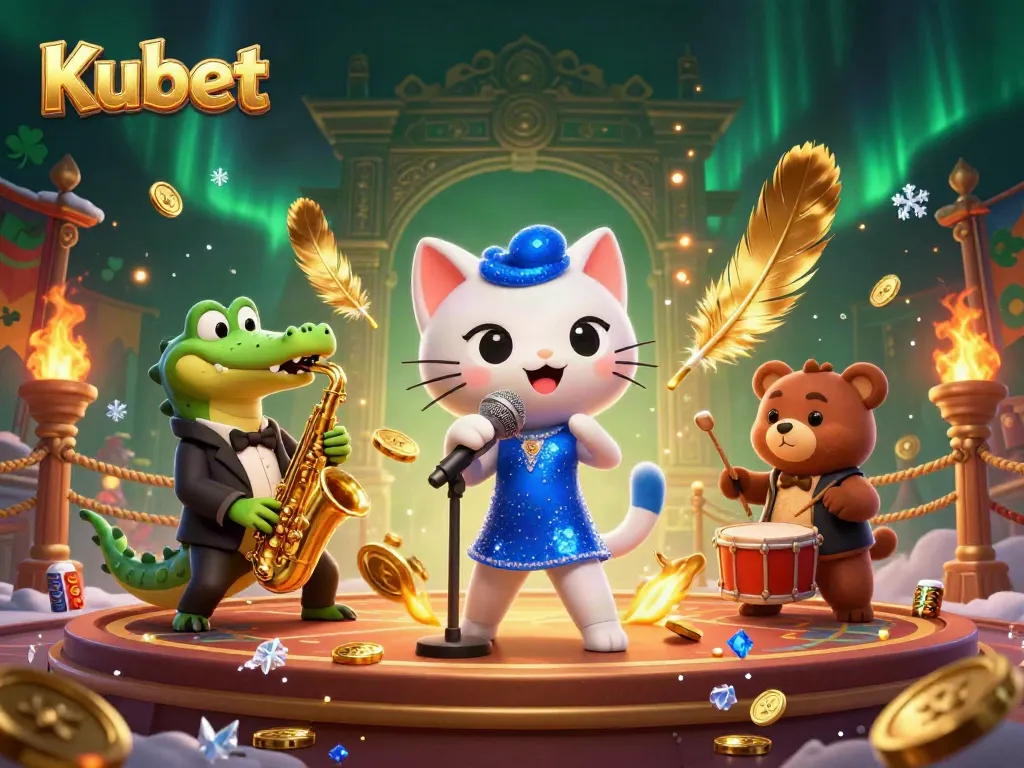 Kubet showcases a dynamic casino scene with a jazz-singer cat, a saxophone-playing crocodile, and a drum-playing bear in a vibrant environment.