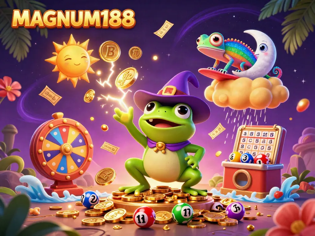 Experience the thrill of MAGNUM188 with a wizard frog and chameleon amid a bounty of golden coins.