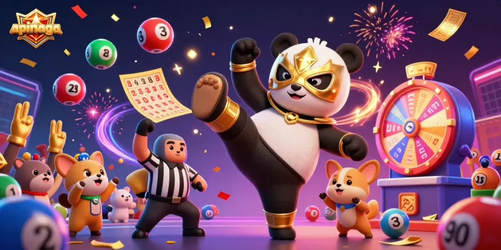 The energetic scene of apinaga showcases a wrestler panda kicking amidst vibrant lottery elements and cheering animal fans.