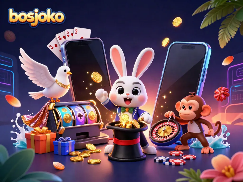 Unleash the magic with bosjoko in a vibrant 3D illustration featuring a magician pulling coins, slot games, and fun casino elements.