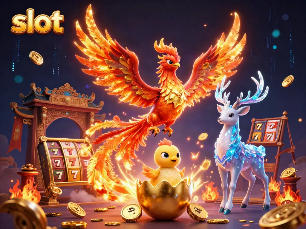 Slot permainan dengan phoenix dan stag, mengelilingi koin emas dan simbol beruntung.