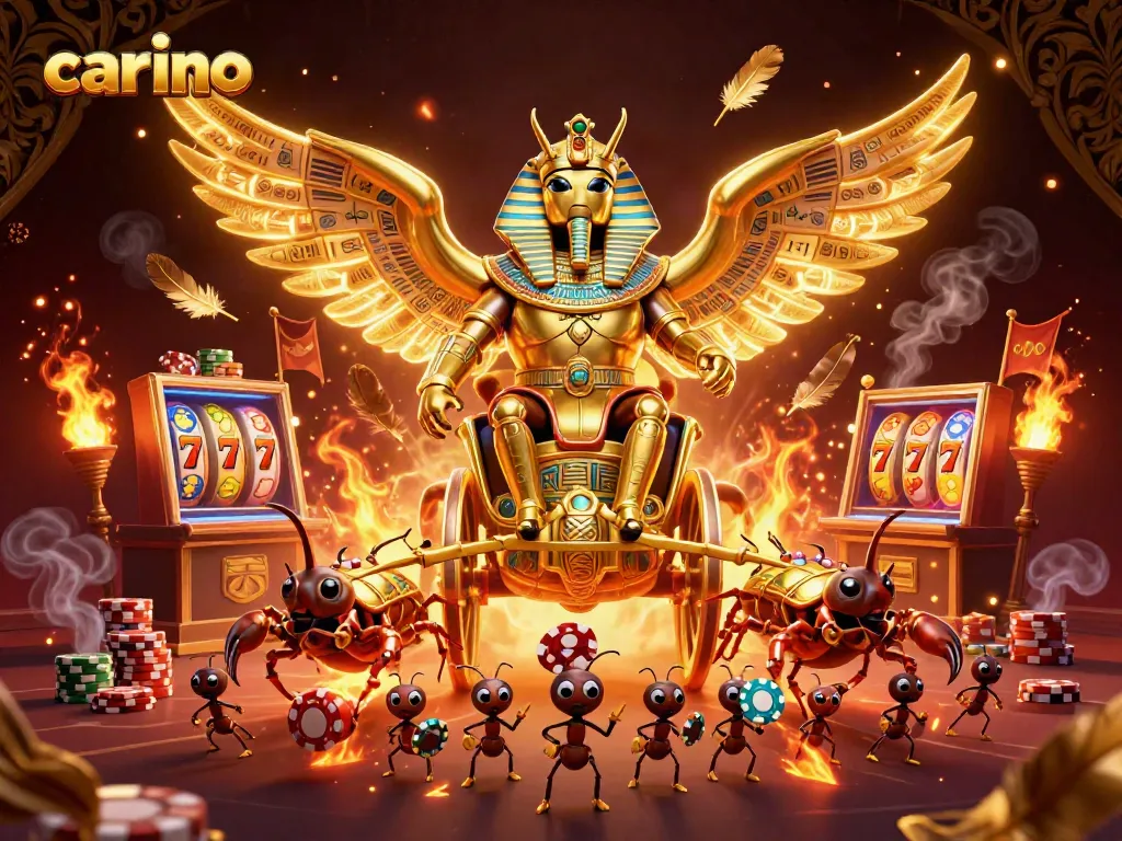 Carino's engaging casino scene showcases a pharaoh-themed character amidst vibrant slot machines and chips.
