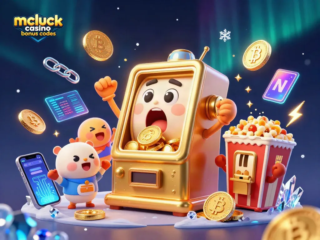 Spin for prizes with mcluck casino bonus codes in a vibrant 3D casino scene featuring cheerful slot machines.