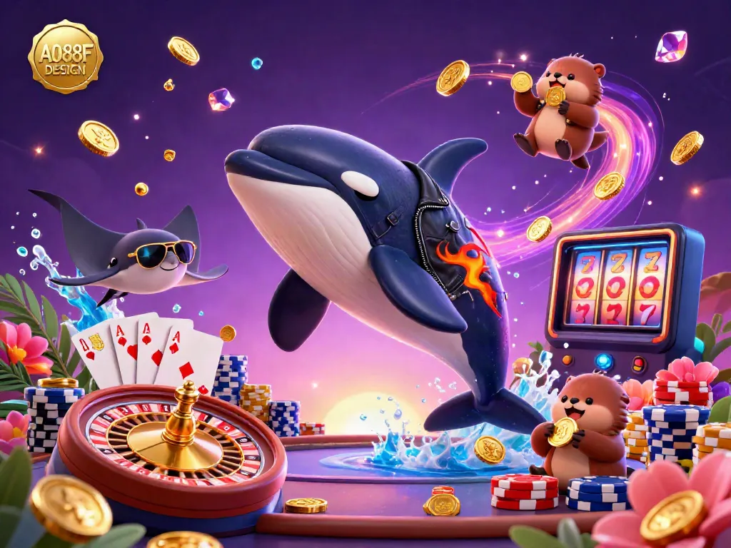 Engage with the excitement of AO88F DESIGN through a thrilling casino scene with animated characters and festive game elements.