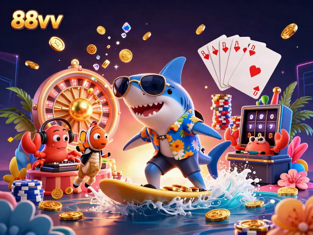 Experience thrilling gameplay at 88vv with a vibrant scene featuring a shark, clownfish, and crab in a stunning casino backdrop.