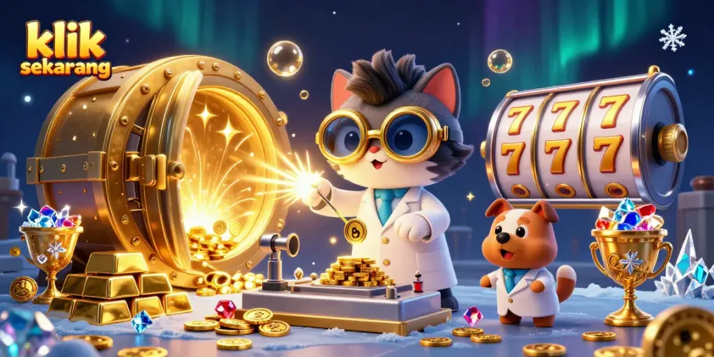 Permainan kasino menarik, klik sekarang untuk menikmati suasana penuh emas dan harta dalam ilustrasi 3D.