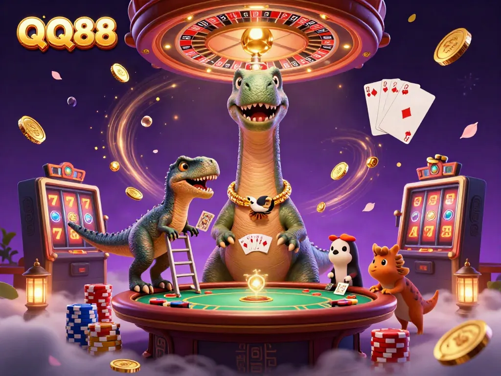 Experience the excitement of QQ88 with a vibrant casino scene featuring a towering dinosaur and playful characters.