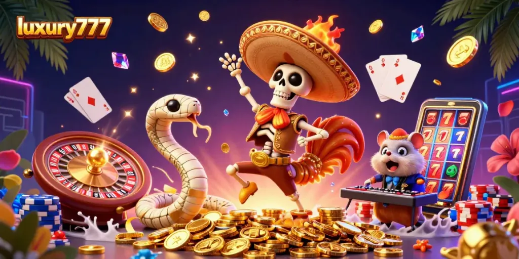 Experience thrilling adventures in luxury777 with vibrant gaming characters and rich casino elements.
