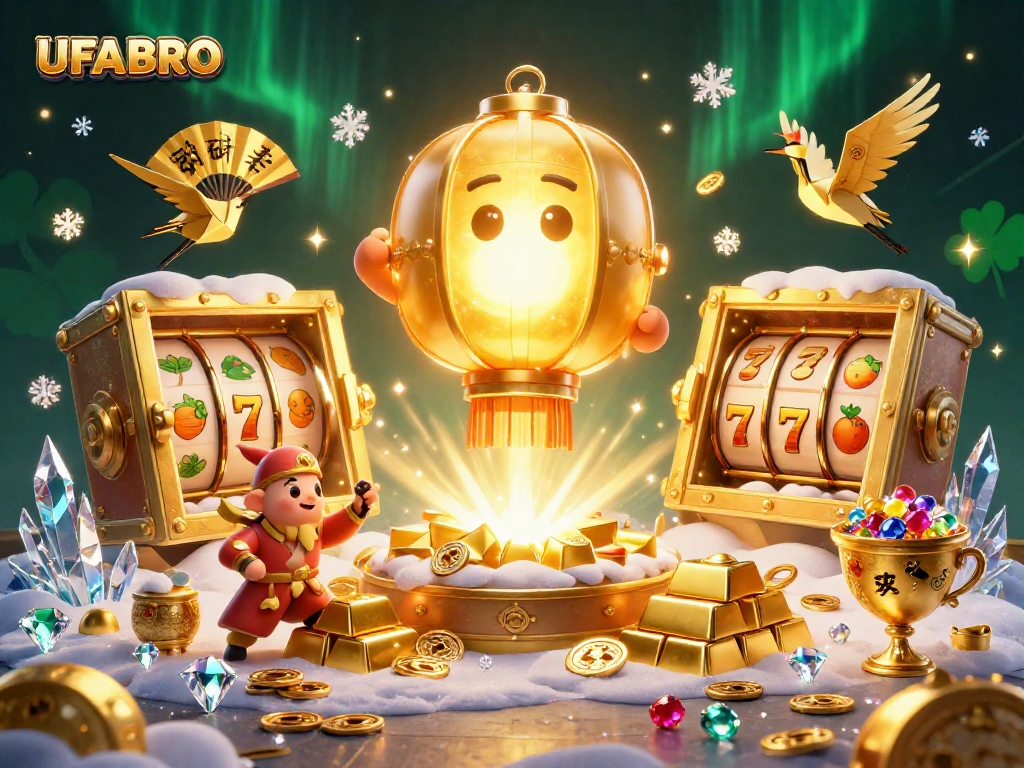 Experience the thrill of UFABRO casino with golden elements, slot games, and vibrant characters!