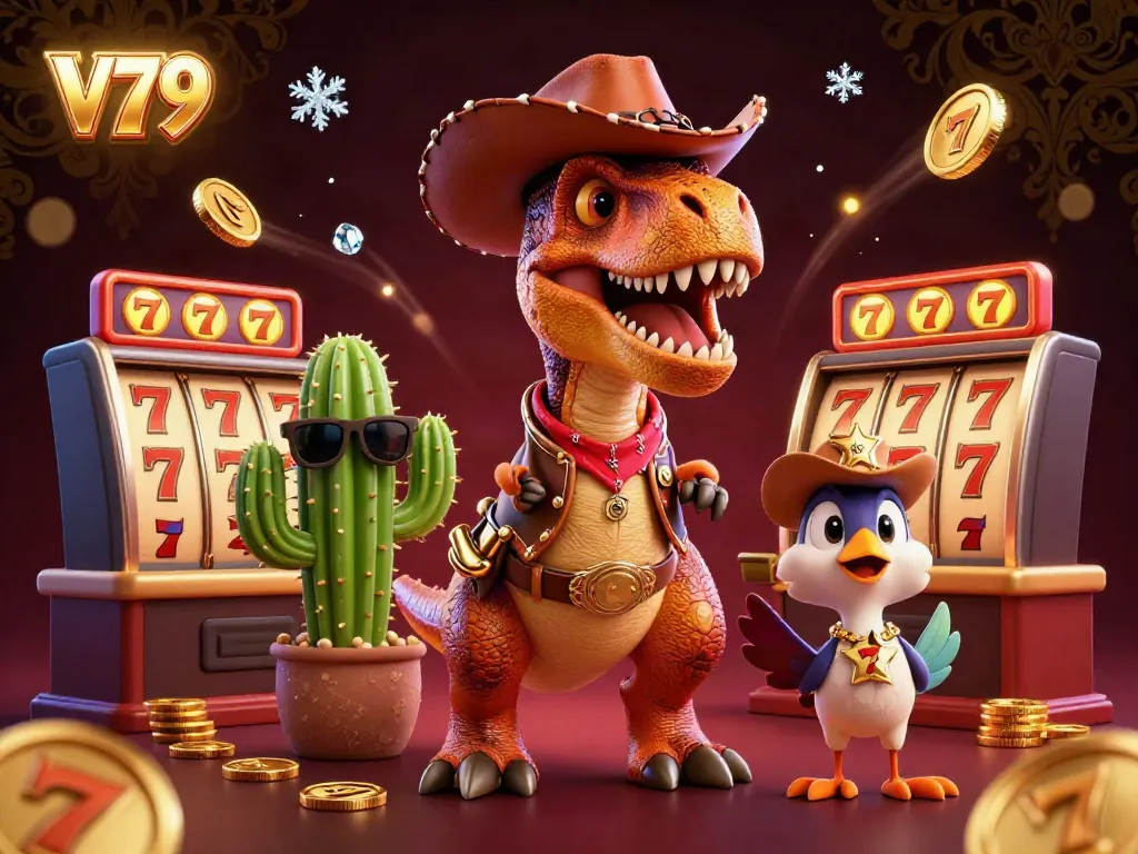 Win at V79 casino with T-Rex dinosaur cowboy, gold coins, and jackpot slots in a vibrant 3D scene.