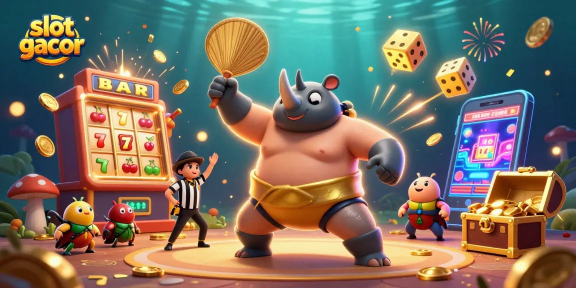 Menangkan slot gacor dengan beetle juara sumo dan mesin slot megah di ilustrasi kasino.