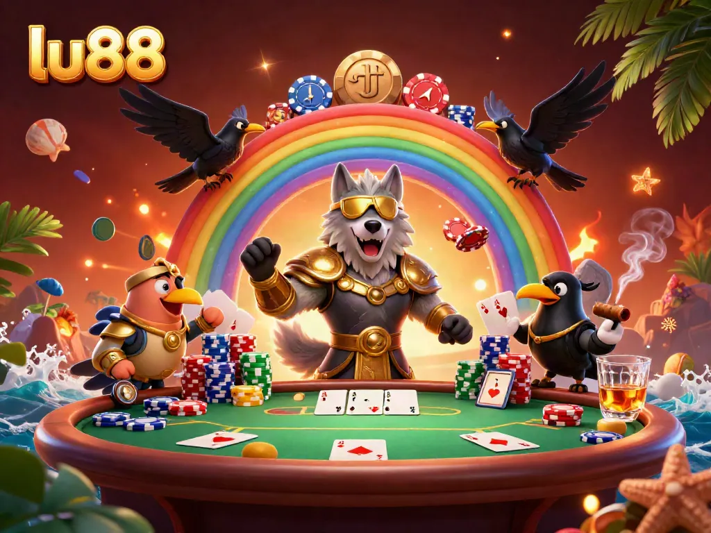 Experience thrilling poker action with lu88's 3D characters amidst vibrant casino elements.