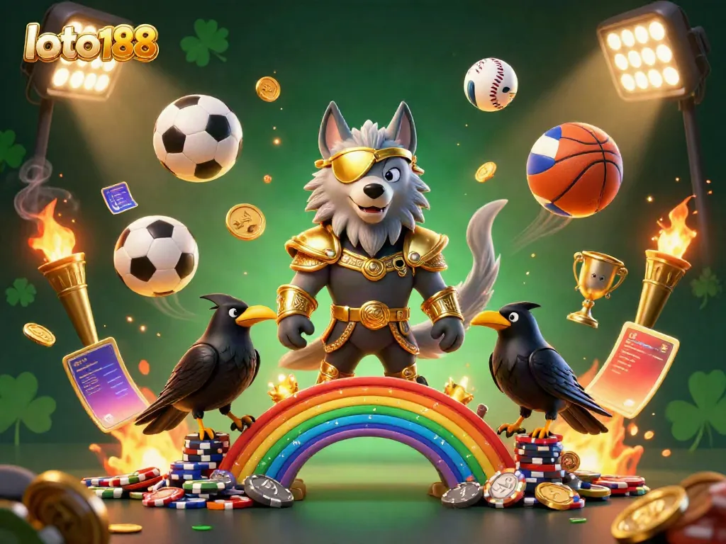 Experience exhilarating wins at loto188 with a dynamic casino illustration featuring Odin and ravens amidst vibrant sports elements.