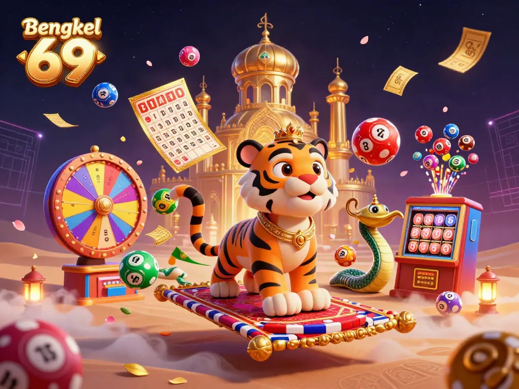 Experience the excitement of Bengkel 69 with a vibrant casino-themed scene filled with dynamic gaming elements.