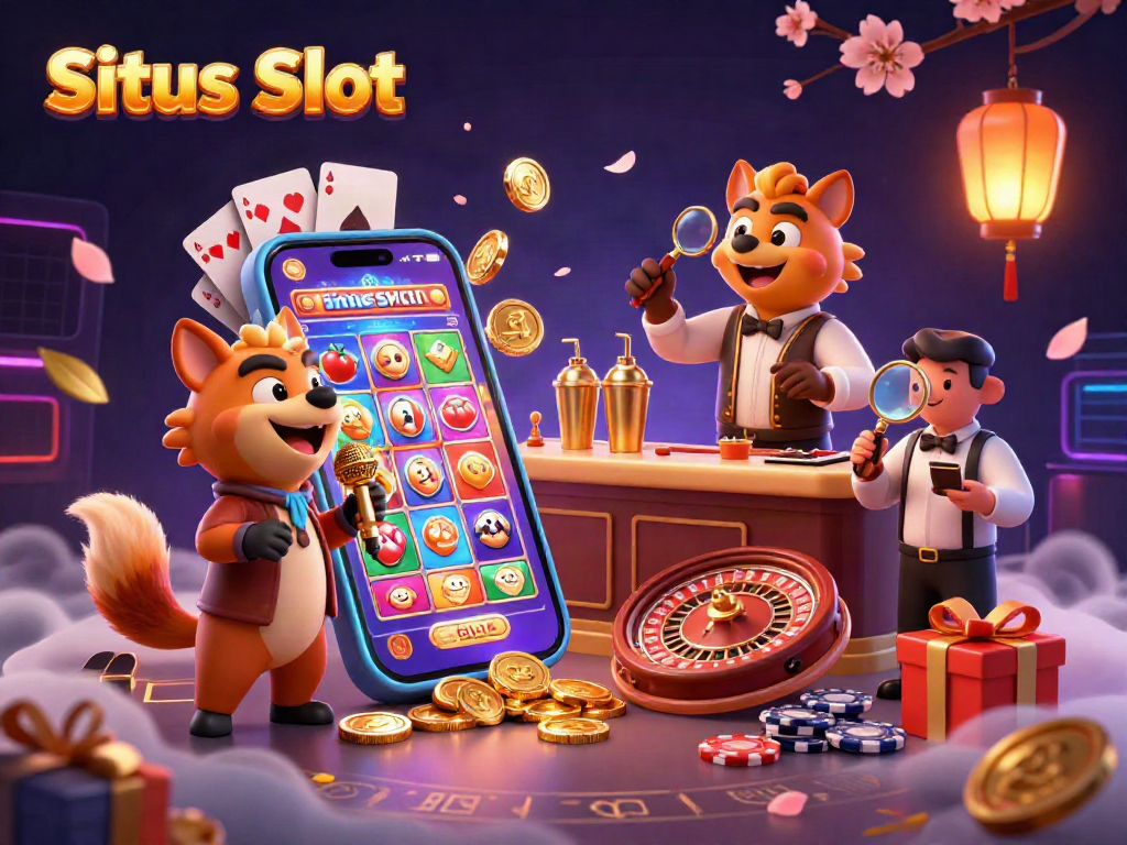 Situs Slot showcases hyenas in a comedic casino scene with vibrant slot game action.