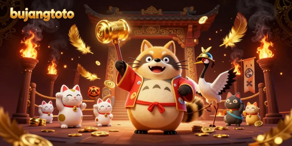 Bujangtoto's vibrant 3D casino scene featuring joyful tanuki, samurai crane, and waving fortune cats.