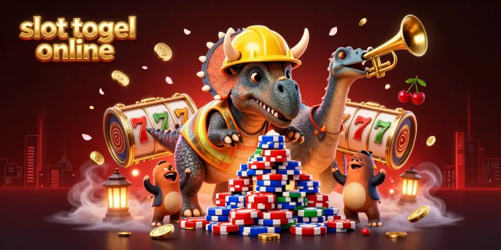 Slot togel online dengan triceratops dan permainan slot penuh warna merayakan kemenangan.