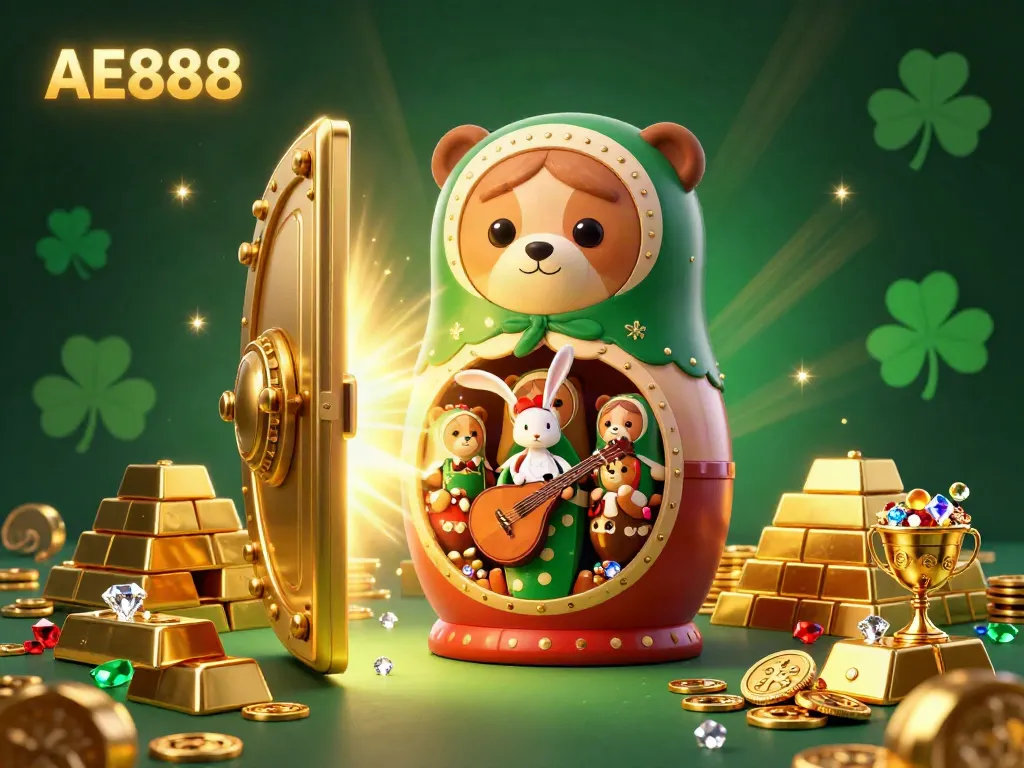 Engage in the excitement of AE888 with this vibrant casino-themed illustration featuring bears and riches.