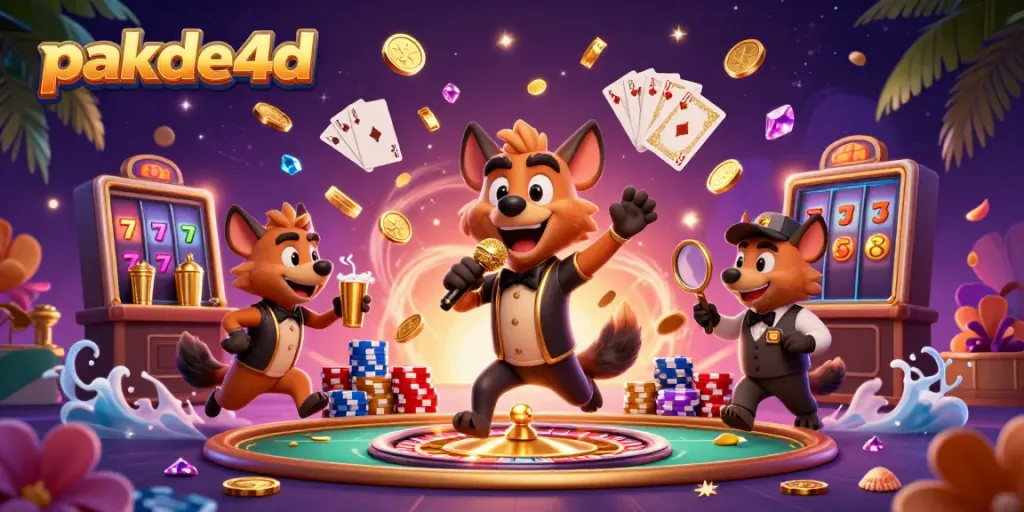 Engage with the vibrant world of pakde4d's lottery and gambling, featuring playful hyenas in a dynamic casino scene.