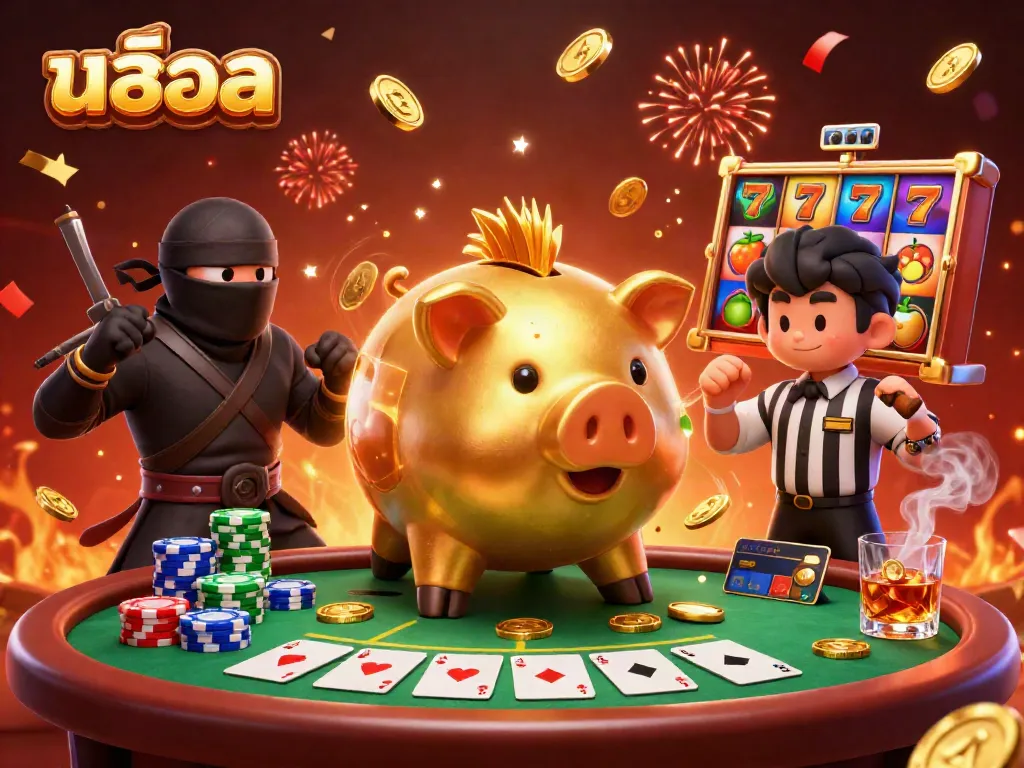 Engaging สล็อต scene with a golden piggy bank sumo wrestler, wallet-ninja, and credit-card samurai surrounded by dynamic slot game elements.