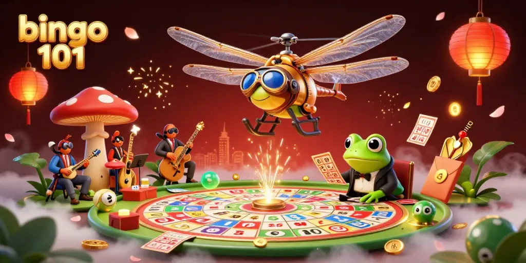 Engage with bingo 101 in a lively scene featuring colorful characters and dynamic gambling elements.