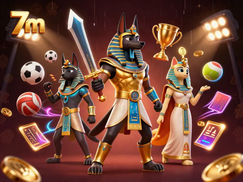 Engage with exciting 7m betting strategies illustrated by dynamic sports elements and ancient Egyptian warriors.