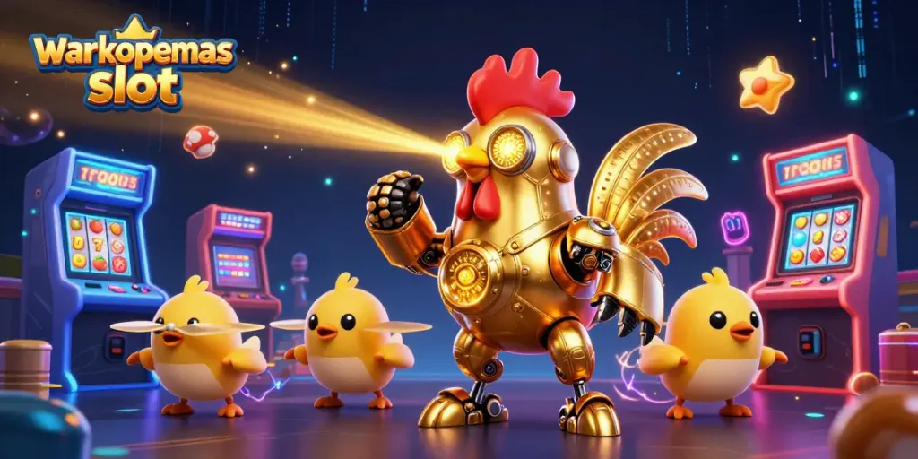 Mainkan warkopemas slot dengan karakter robot ayam emas futuristik yang mengukir pola emas menggunakan laser, dikelilingi mesin arcade berwarna-warni dan simbol slot.