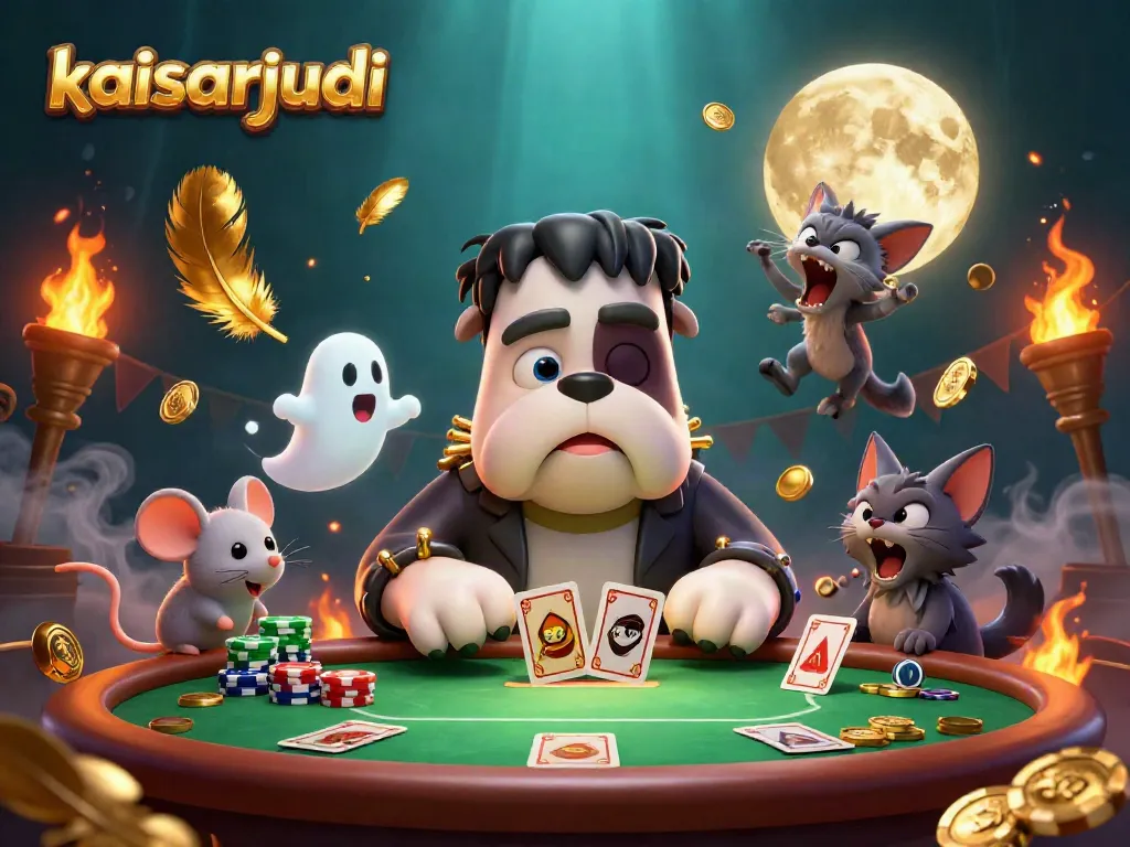 Engage with kaisarjudi: A cartoon bulldog dealer at a spooky poker table under a ghostly moon.