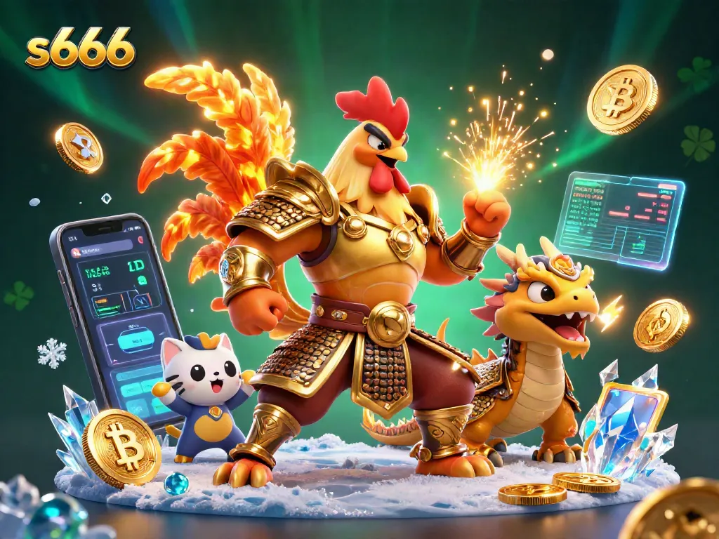 Engage with exciting s666 casino action featuring a powerful rooster warrior, dragon hatchling, and crypto elements.