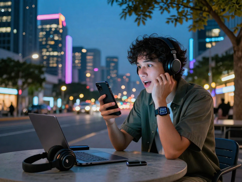 ai chat porn interaction depicted with a user captivated by AI companion in urban night setting