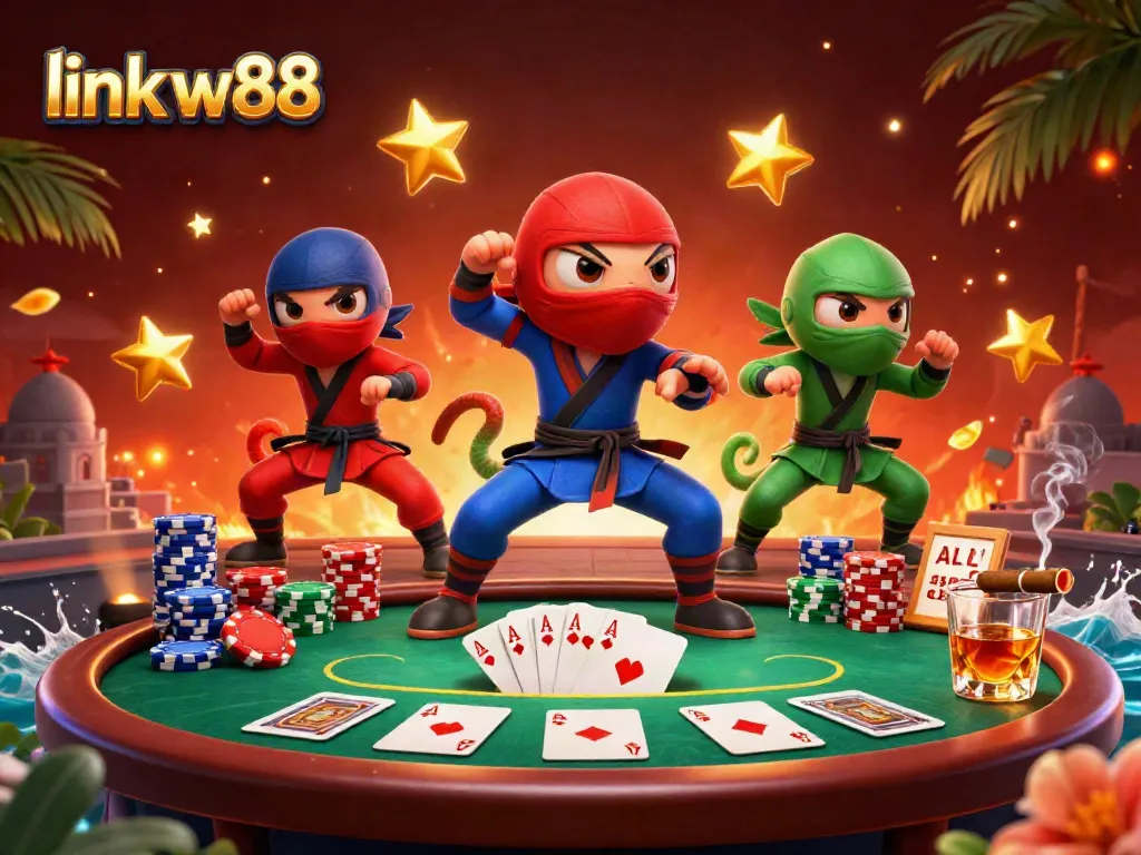 Engage with link w88 through this vibrant casino illustration showing ninja chameleons, poker elements, and dynamic visuals.