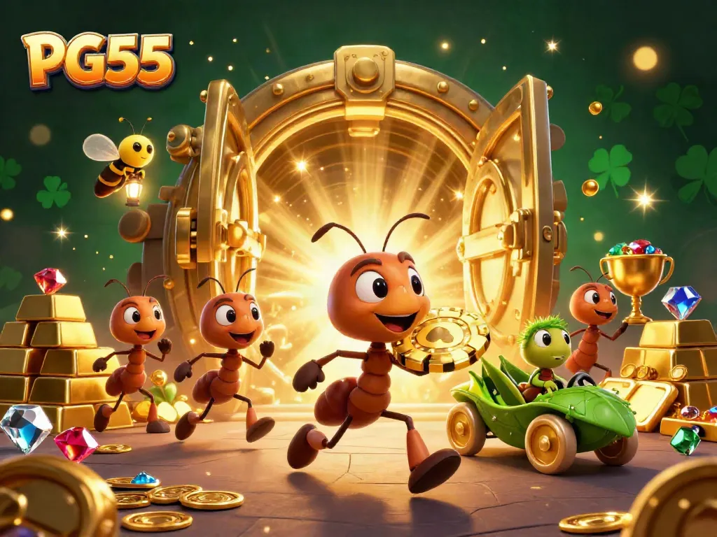 Join the PG55 heist with cartoon ants and a grasshopper getaway driver in this lively casino scene.