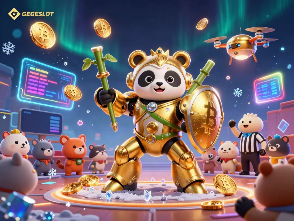 Experience thrilling gameplay with GEGESLOT as a golden panda battles in a high-energy digital arena.